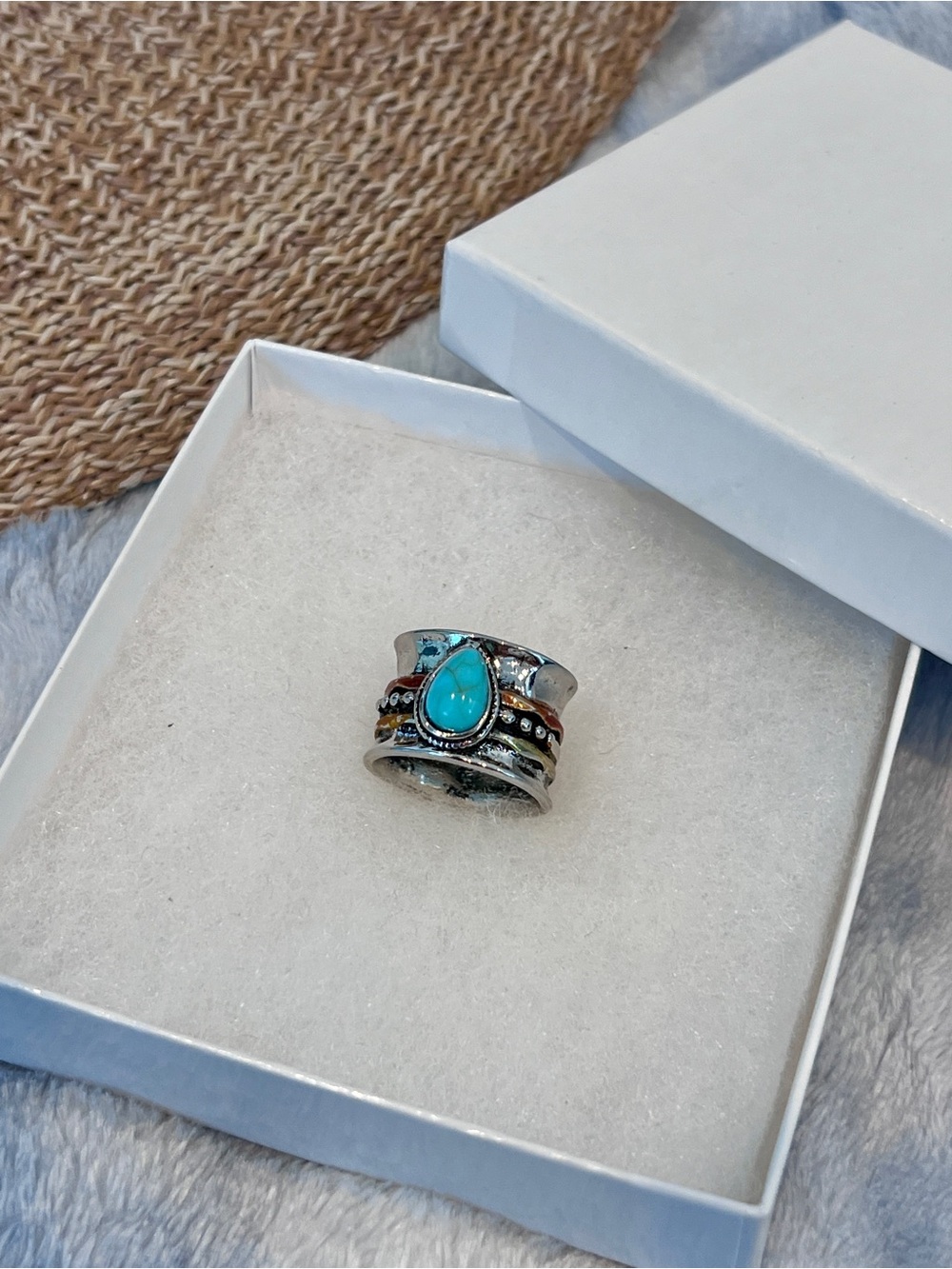 Turquoise Teardrop Silver Statement Ring - Women's Boho Jewelry